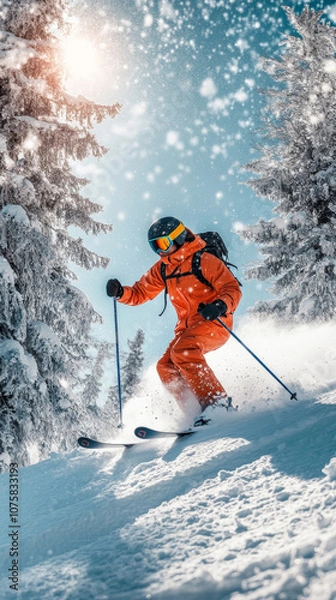 Fototapeta Skier in orange suit racing down snowy slope