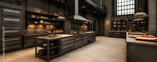 Fototapeta A modern industrial kitchen with sleek metal surfaces, ample storage, and a spacious layout, creating an inviting cooking environment.