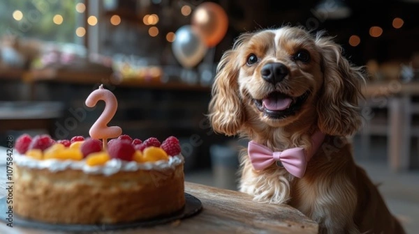 Fototapeta A cute puppy wearing a pink bow tie is sitting in front of a birthday cake with a number 2 candle, looking happy and excited.