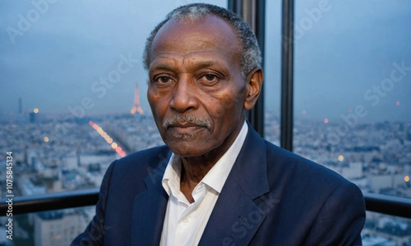 Fototapeta A man in a suit looks out over the city of Paris at dusk, with the Eiffel Tower in the background