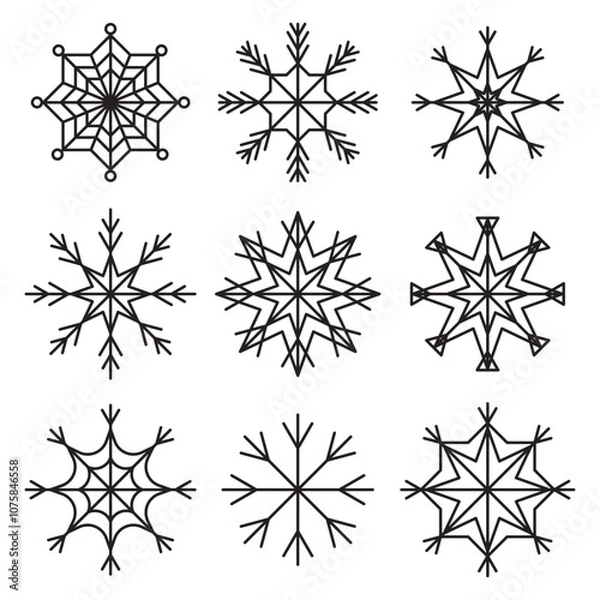 Obraz Snowflake icon set. Winter geometric shapes. Black outlined design. Vector holiday symbols.