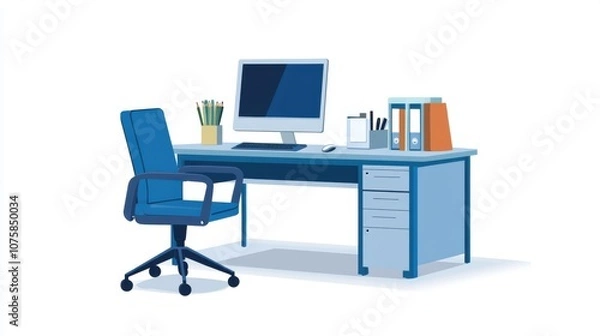 Fototapeta Flat vector scene: Office furniture including a work desk, desktop computer
