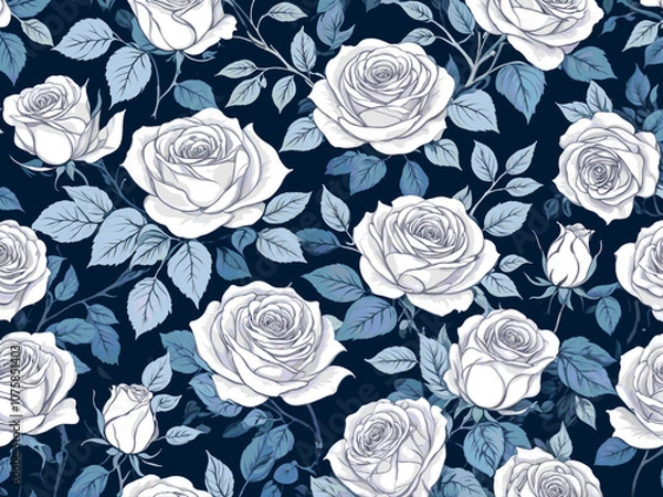 Fototapeta Abstract floral background with branches of roses. White and blue pattern illustration