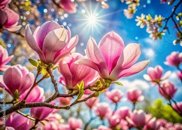 Fototapeta Breathtaking Pink Magnolia Flowers in Full Bloom Against a Clear Blue Sky in a Beautiful Park Landscape, Capturing the Essence of Springtime in Keukenhof Garden, Amsterdam