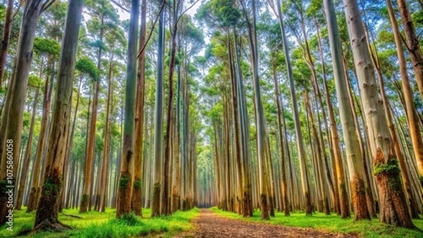 Fototapeta A vibrant eucalyptus forest with tall trees and a carpet of green leaves and branches, outdoors, bark