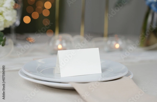 Fototapeta Mockup white blank space card, for Name place, Folded, greeting, invitation on wedding table setting background. with clipping path
