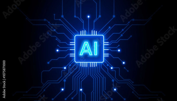 Fototapeta Glowing Purple AI Chip on Blue Circuit Board, Symbolizing Advanced Artificial Intelligence Technology.