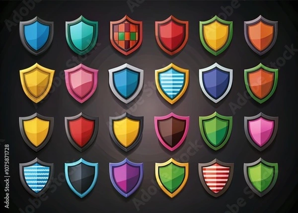 Fototapeta Diverse Shield Designs for Protection and Security in Flat Black Style, Featuring Various Shapes and Illustrative Elements for Branding and Graphic Use