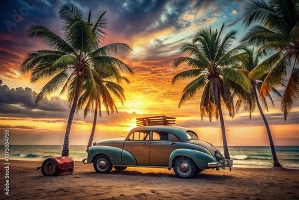 Fototapeta Long Exposure of Vintage Car with Surfboards and Luggage by Palm Trees on a Scenic Beach at Sunset, Capturing the Essence of a Relaxed Outdoor Adventure and Summer Vibes