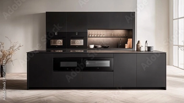 Fototapeta 106.A sleek, modern kitchen in Slotenslaan, featuring a large black cabinet with built-in ovens and other cutting-edge kitchen utilities. The neutral wall tones provide a perfect contrast to the