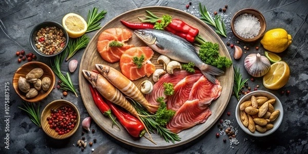Fototapeta Minimalist Arrangement of Raw Seafood and Meat Platter Perfect for Grilling, Showcasing Fresh Ingredients on a Simple Background for Culinary Enthusiasts