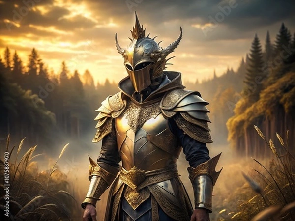 Fototapeta Minimalist Fantasy Knight in Gold Armor Standing Boldly Against a Soft Background, Capturing the Essence of Valor and Chivalry in a Serene, Imaginative Landscape