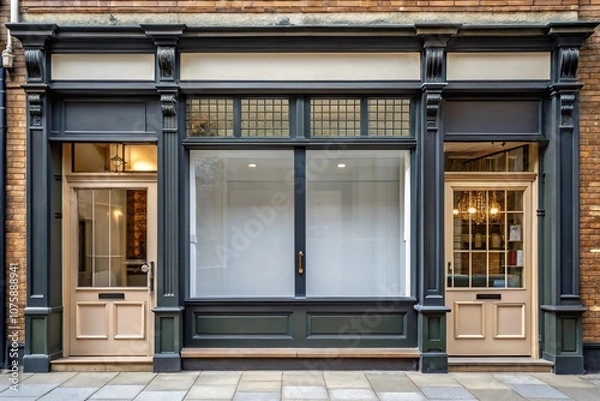 Fototapeta Classic shopfront with large window and door on the left side, symmetrical