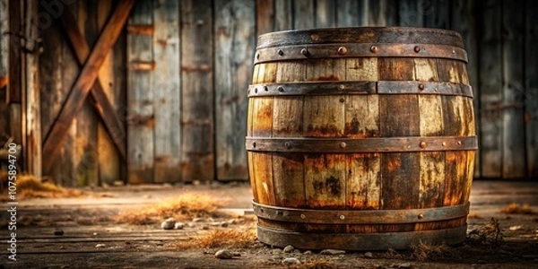 Fototapeta Distressed wooden whiskey barrel with weathered finish and rusted metal bands on a rustic farm background, weathered wood, farmhouse, rustic farm