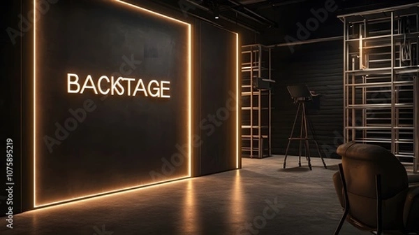 Fototapeta Modern podcast studio's backstage, minimalist in design with wall sign "BACKSTAGE," tidy and professional.
