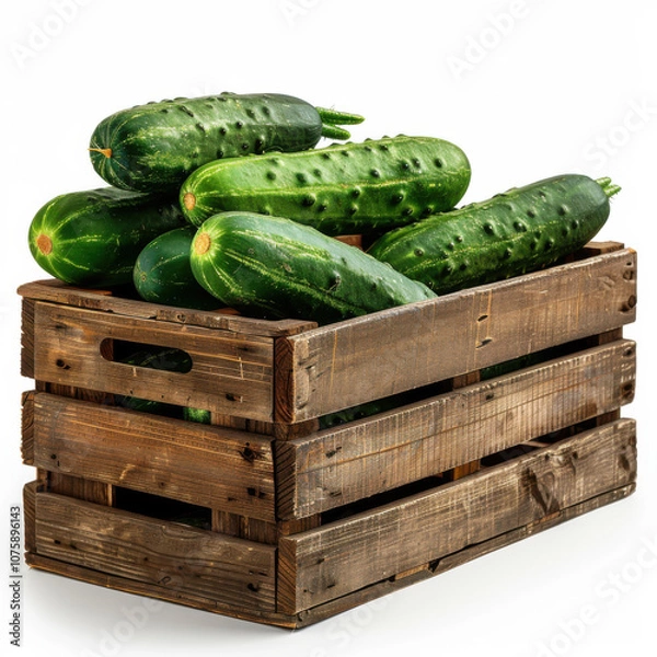 Fototapeta Fresh cucumber in wooden crate isolated on white background copy space