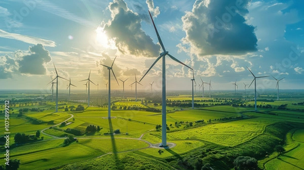 Obraz Windmill park in the ocean, drone aerial view
