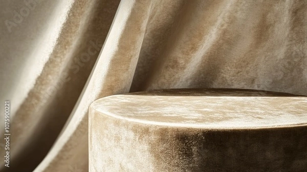 Fototapeta Beige velvet fabric and cylindrical podium, luxurious texture display