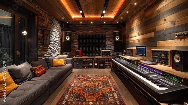 Obraz A modern home recording studio with a rustic aesthetic, featuring a large mixing console, a digital audio workstation, a comfortable sofa, and a rug.