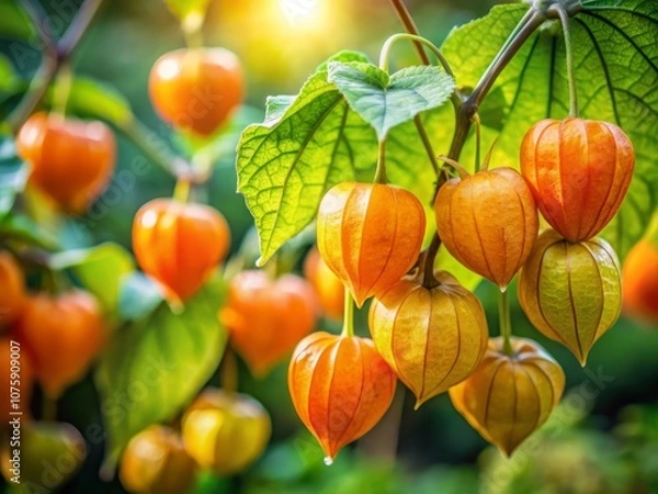 Fototapeta Ground Cherry in Focus: Exploring the Physalis Minima Linn Plant from the Solanaceae Family, Renowned for Its Medicinal Uses and Nutritional Benefits