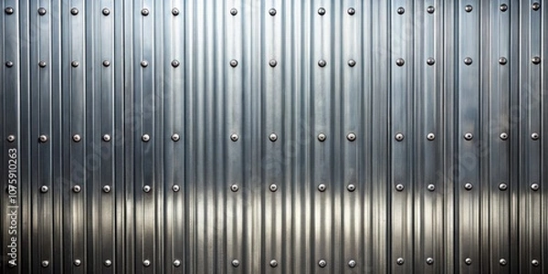Fototapeta Industrial Silver Metal Wall Texture with Vertical Lines and Rivets, Perfect for Backgrounds and Design Projects, Featuring Copy Space for Text or Graphics