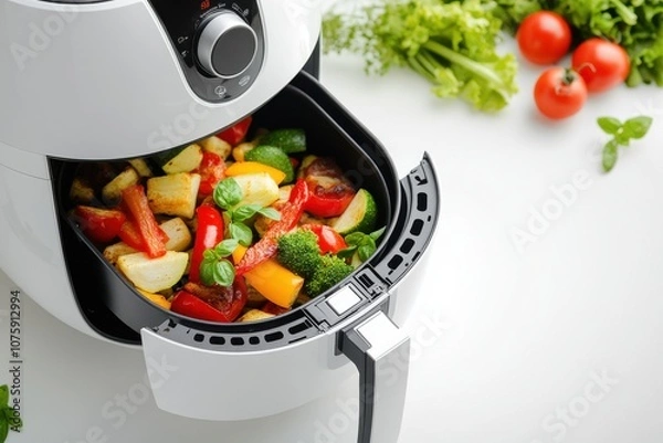 Fototapeta A close-up of an air fryer with a basket full of crispy vegetables, symbolizing healthy eating