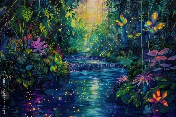 Fototapeta A Surreal Nighttime Waterfall Scene in a Lush Rainforest