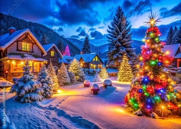 Fototapeta Vibrant and Colorful Christmas Scene Featuring Festive Lights, Decorations, and Snow-Covered Landscapes in a Panoramic View for Holiday Cheer and Joyful Celebrations