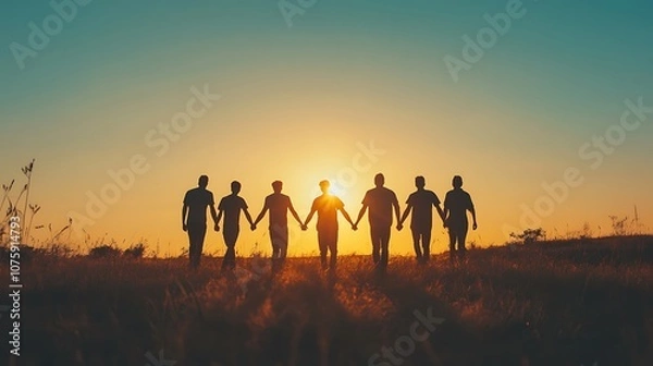 Obraz Silhouette of a group holding hands at sunset, symbolizing unity and friendship.