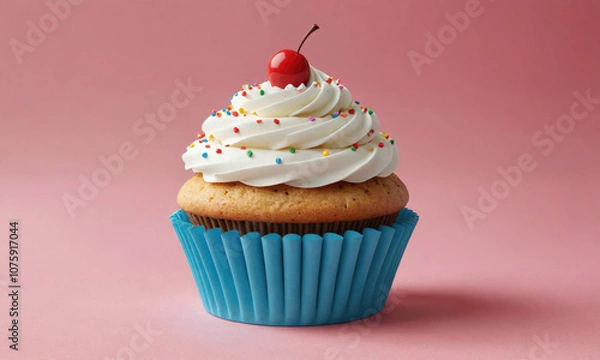 Fototapeta A cupcake with a cherry on top and sprinkles