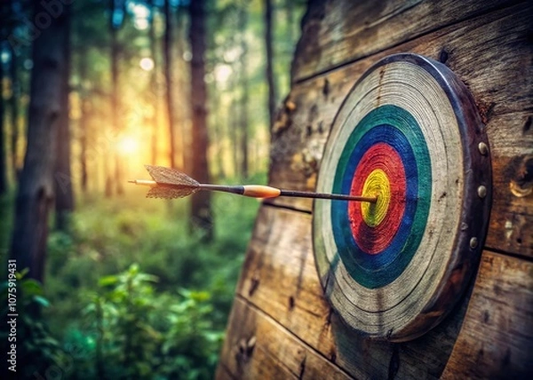 Fototapeta Vintage Style Photography of an Arrow Hitting the Center of a Target, Symbolizing Precision and Focus in Archery, Perfect for Sports and Achievement Themes