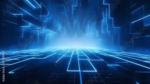 Fototapeta digital technology blue grid point line light beam poster background