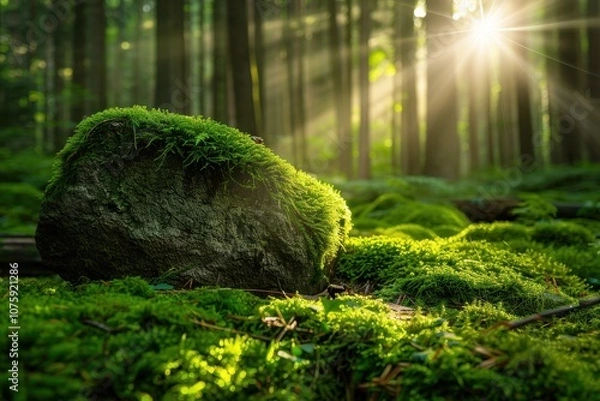 Fototapeta Moss-Covered Rock in a Sunlit Forest