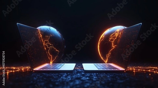 Fototapeta Two laptops facing each other with glowing globes emerging, symbolizing global connectivity and technology.