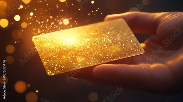 Fototapeta A hand holding a shimmering golden card with sparkling effects, suggesting luxury or exclusivity.