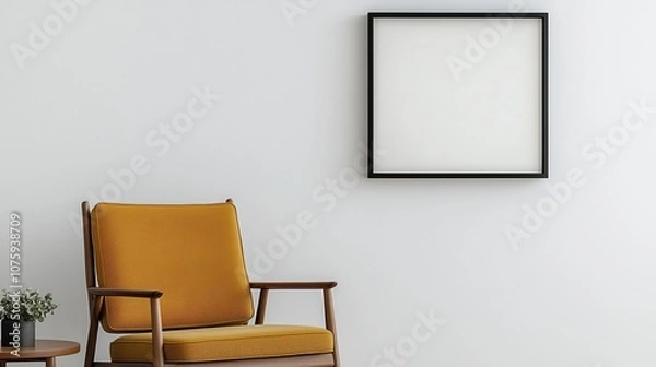 Obraz A cozy chair in a minimalistic setting, with a blank empty frame on a wall, creating a serene and inviting atmosphere.