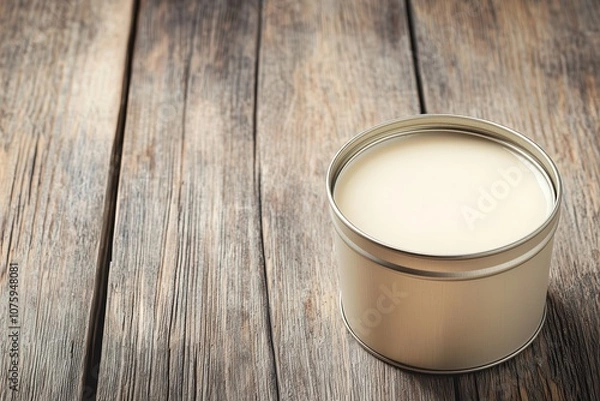 Fototapeta Palm oil shea butter. A metal tin filled with creamy substance sits on a rustic wooden surface, showcasing a simple yet appealing aesthetic.