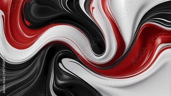 Fototapeta Beautiful abstraction of liquid paints red, white and black in slow blending flow mixing together gently