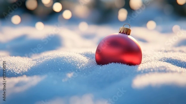 Fototapeta 3D cartoon-style red, round Christmas ornament lying gently in the snow. The snow is soft and fluffy, with subtle sparkles, and the ornament’s shiny surface reflects the snowy surroundings.