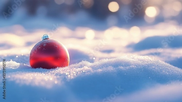 Fototapeta 3D cartoon-style red, round Christmas ornament lying gently in the snow. The snow is soft and fluffy, with subtle sparkles, and the ornament’s shiny surface reflects the snowy surroundings.