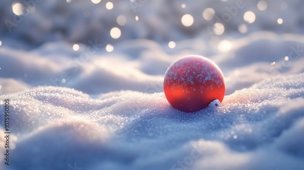Fototapeta 3D cartoon-style red, round Christmas ornament lying gently in the snow. The snow is soft and fluffy, with subtle sparkles, and the ornament’s shiny surface reflects the snowy surroundings.