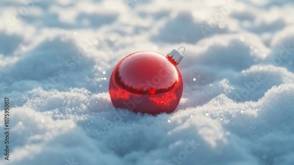 Fototapeta 3D cartoon-style red, round Christmas ornament lying gently in the snow. The snow is soft and fluffy, with subtle sparkles, and the ornament’s shiny surface reflects the snowy surroundings.