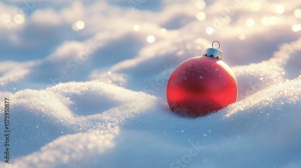 Fototapeta 3D cartoon-style red, round Christmas ornament lying gently in the snow. The snow is soft and fluffy, with subtle sparkles, and the ornament’s shiny surface reflects the snowy surroundings.