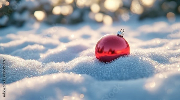 Fototapeta 3D cartoon-style red, round Christmas ornament lying gently in the snow. The snow is soft and fluffy, with subtle sparkles, and the ornament’s shiny surface reflects the snowy surroundings.