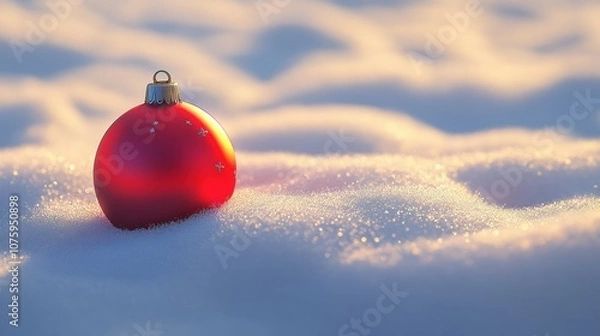 Fototapeta 3D cartoon-style red, round Christmas ornament lying gently in the snow. The snow is soft and fluffy, with subtle sparkles, and the ornament’s shiny surface reflects the snowy surroundings.