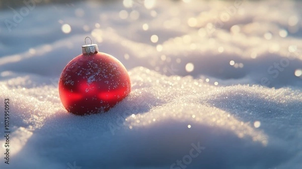 Fototapeta 3D cartoon-style red, round Christmas ornament lying gently in the snow. The snow is soft and fluffy, with subtle sparkles, and the ornament’s shiny surface reflects the snowy surroundings.
