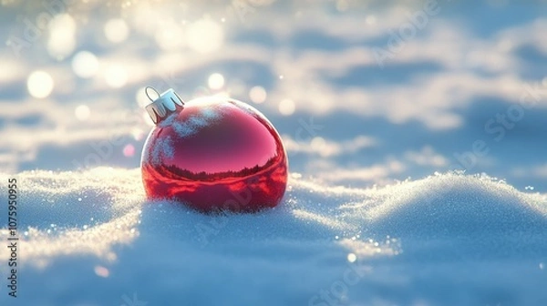 Fototapeta 3D cartoon-style red, round Christmas ornament lying gently in the snow. The snow is soft and fluffy, with subtle sparkles, and the ornament’s shiny surface reflects the snowy surroundings.