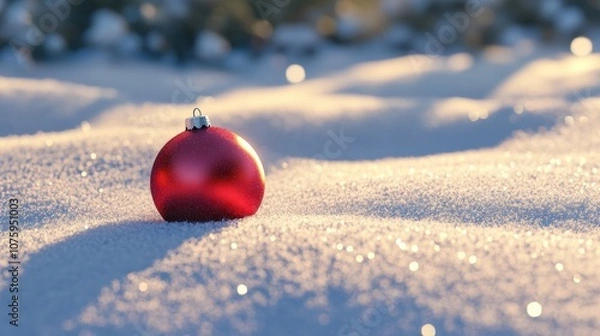 Fototapeta 3D cartoon-style red, round Christmas ornament lying gently in the snow. The snow is soft and fluffy, with subtle sparkles, and the ornament’s shiny surface reflects the snowy surroundings.