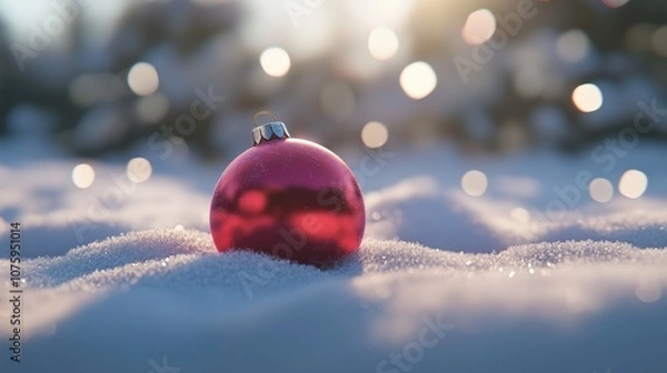 Fototapeta 3D cartoon-style red, round Christmas ornament lying gently in the snow. The snow is soft and fluffy, with subtle sparkles, and the ornament’s shiny surface reflects the snowy surroundings.