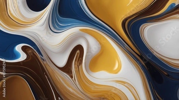 Fototapeta Beautiful abstraction of liquid paints blue, white, yellow and brown in slow blending flow mixing together gently. high quality, 8K Ultra HD, highly detailed